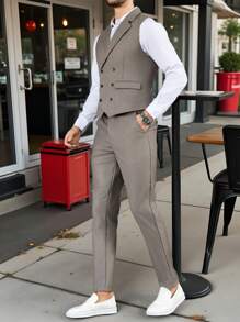 Manfinity Bizformal 男士纯色双排扣背心和裤子西装套装 - 棕色 - 查看 4