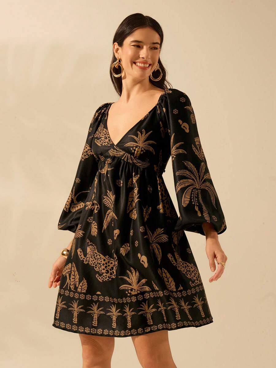 CAJUNI 女士波西米亚风热带植物与动物印花泡泡袖褶皱露背短裙，休闲假日夏季沙滩裙 - 彩色 - 查看 1