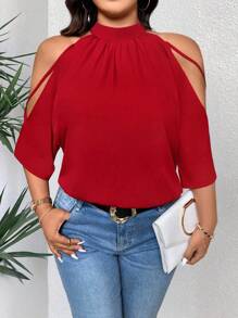 SHEIN LUNE Plus Size Women's Summer Solid Color Open Shoulder Short Sleeve Casual Blouse - Red - View 1