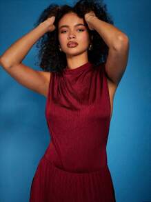 COSMINA Women's Sleeveless Pleated Dress, Elegant Stand Collar Fashion - Burgundy - View 6