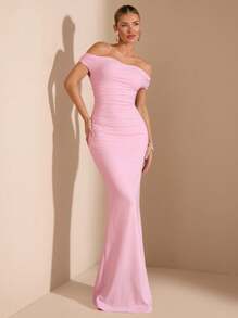 SHEIN BAE Summer Beach Vacation Solid Light Pink One-Shoulder Off-Shoulder Asymmetrical Neckline Off-Shoulder Multi-Wear Super Long Fishtail Dress, Suitable For Daily Dating, Night Out, Nightclubs, Parties, Get-Togethers, Cocktail Parties, Pool Parties, Back-To-School Season Dresses, Back-To-School Season Dresses, Holiday Dresses, Music Festival Dresses, Country Music Festival Dresses, Concert Dresses New Spring And Summer Styles, Romantic Date,Country,Modest, Fairycore,Wedding Guest Dress Women / Bridal Shower Dress White, Graduation Dress,Brunch Outfits For Women,Concert Outfit Women / Rave Outfits Festival /Rave Outfits / Country Concert Outfit / Nashville Outfits / Ibiza Outfits,Spring Outfits For Women,Elegant,Vacation Outfits Woman - Baby Pink - View 4