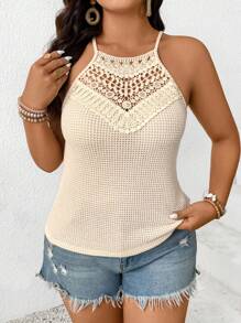 SHEIN Frenchy Áo hở vai ren hoa giản dị cỡ lớn - Màu be - Xem 6