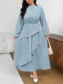 SHEIN Frenchy 加大码杏色连衣裙，带荷叶边下摆，灯笼袖，收腰设计金色裙子长裙女士端庄连衣裙加大码束腰外衣 - 藍色 - 查看 5