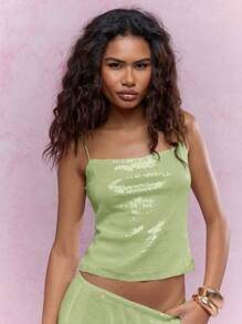 MISSGUIDED Sequin Spaghetti Strap Cami Top - Lime Green - View 5