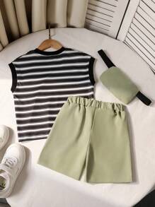 2pcs Young Boys' Black & White Striped Vest + Light Green Pants + Matching Crossbody Bag Set, Versatile, Comfortable, Suitable For Daily Wear, Outdoor Activities, Travel, School, Spring/Summer