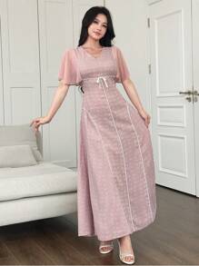 Modelyn Women's Elegant V-Neck Jacquard Romantic Short Sleeve Dress, Casual Everyday Wear - Pink - View 7