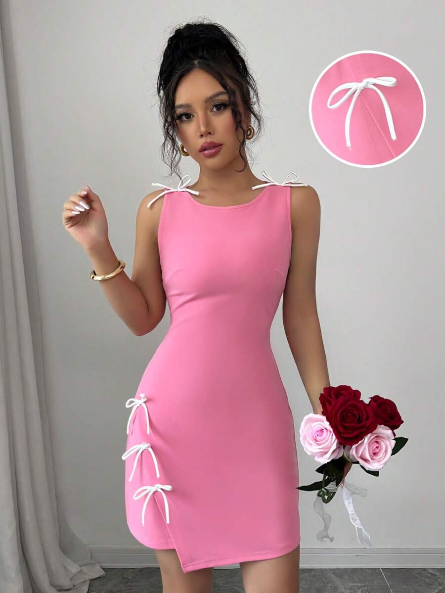 Elenzga Women's Sleeveless Bowknot Woven Mini Dress, Fitted Style, Summer - Black - View 1