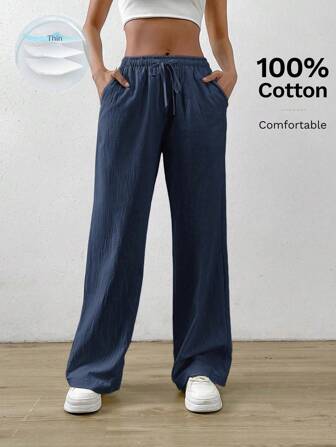 SHEIN EZwear Marine blaue Baumwoll- und Leinen-Hose mit Zugband-Taille, schrägen Taschen und weitem Bein