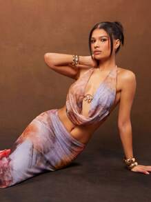 Hauture Summer Women, Women, Blue And Red Mesh Tie Dye Color Mermaid Maxi Skirt For Women, For Date Night, Concerts, Parties, Clubs, Music Festivals, Vacation