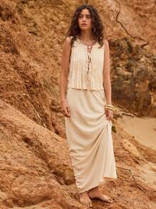 Aralina 无袖夏季度假褶裥前系带沙滩上衣 - 黃色 - 查看 4