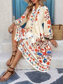 Breezaya Vestito svasato oversize con scollo a V, stampa floreale digitale, da donna, elegante e alla moda, adatto per primavera/estate - Albicocca - Visualizzare 6