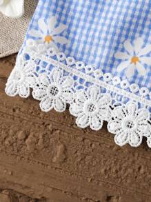 女婴雏菊印花格子 V 领无袖背心和短裤 2 件套，春夏