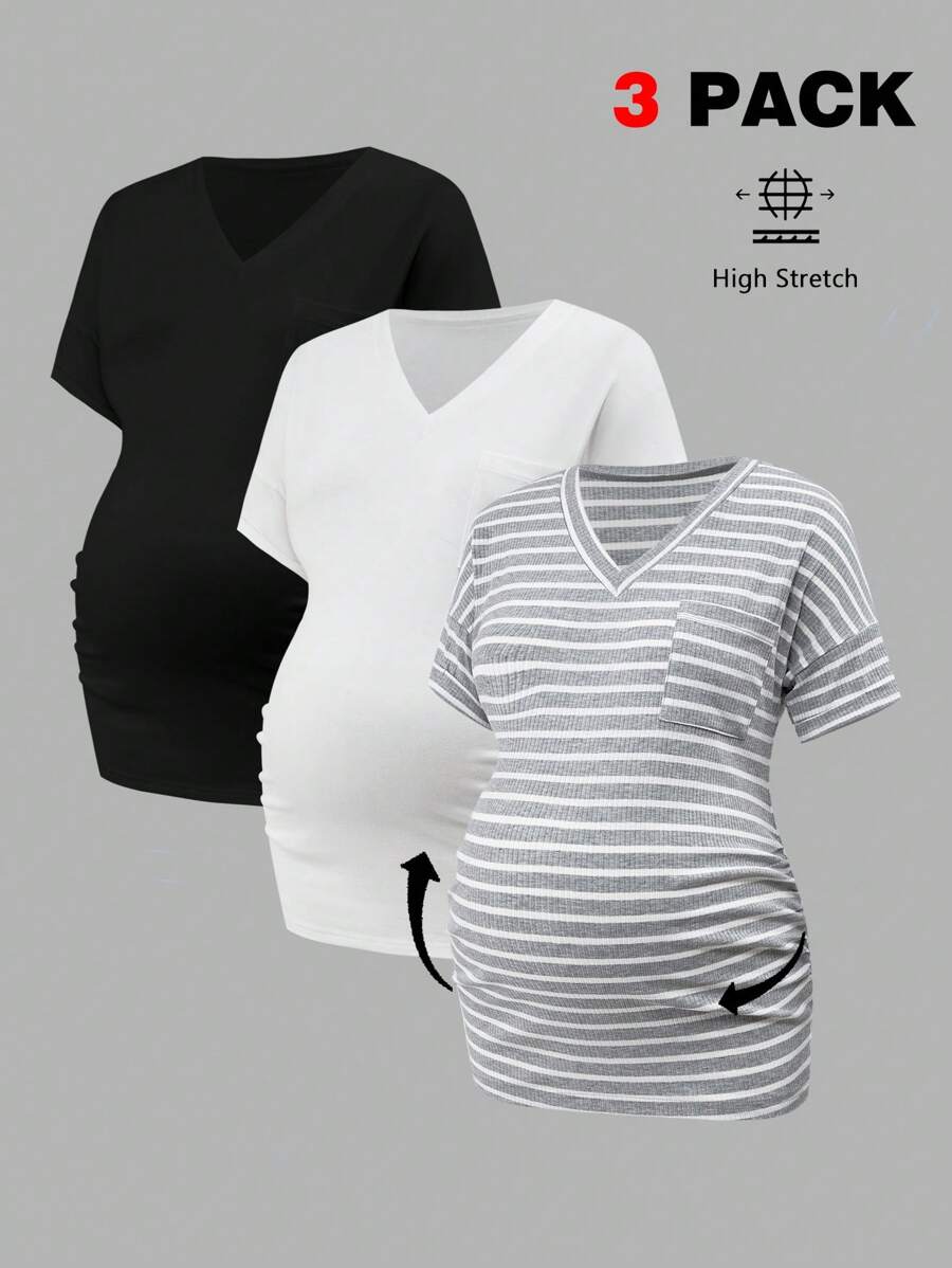 SHEIN Top ajustado de manga corta con escote en V para maternidad, uso casual diario - Blanco y Negro - Ver 1