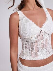SHEIN BAE Women's Elegant Solid Color Lace Cropped Camisole - White - View 7