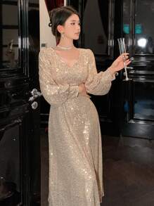 Livesso 纯色V领亮片长袖中长款女式连衣裙，新年舞会派对礼服，秋季返校节礼服，奢华嘉年华闪亮连衣裙 - 杏色 - 查看 5