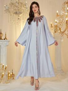 Al Najma Arabic Style Dress With Round Neck, Sequins Decor, Floral Pattern, Bell Sleeve And Flared Hem, Arabian Dresses,Modest - Blue - View 3