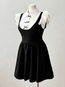 Flirla Plus Size Sweet Preppy Bowknot Decor Cap Sleeve Shirt & Dress 2-In-1 Set For Women - Black and White - View 5