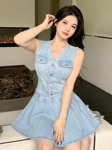 DAZY Casual Fitted Denim Crop Vest & Pleated Denim Skirt, 2 Pieces Set For Women Summer