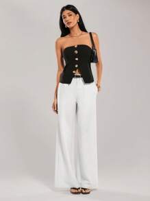 SHEIN Forever 21 Quần ống rộng kẻ sọc đen trắng mùa xuân mới cho nữ công sở/thường ngày - trắng - Xem 6