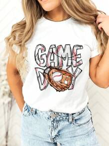 Women's Game Day Baseball Pattern Round Neck Short Sleeve Casual T-Shirt - White - View 1