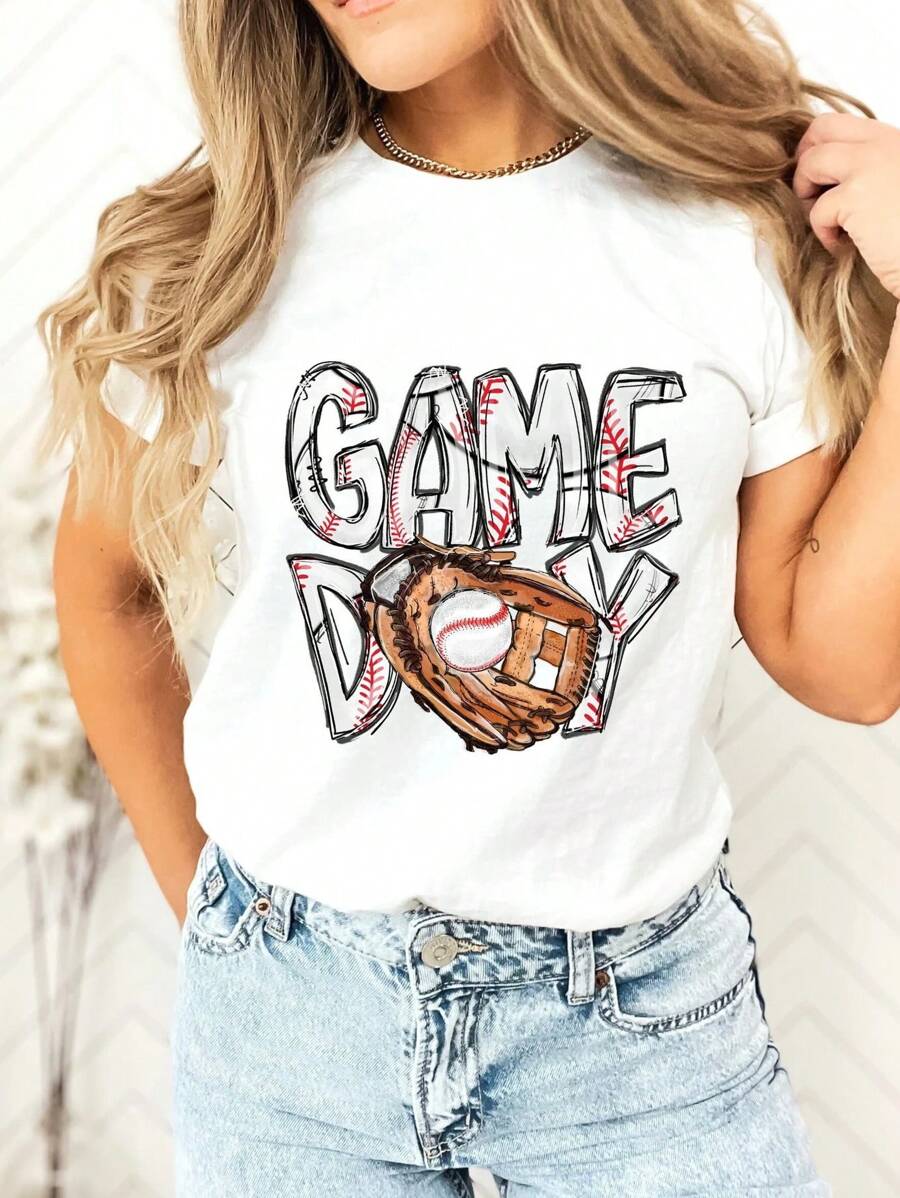 Women's Game Day Baseball Pattern Round Neck Short Sleeve Casual T-Shirt - White - View 1