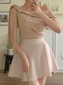 DAZY Camisa de hombros oblicuos de unicolor y simple para salir, parte superior para otoño - Caqui - Ver 2