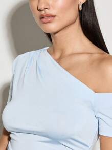 AiiRZ Off Shoulder Ruched T-Shirt Fitted Short Sleeve Summer Spring Top Casual Classic Essential Basic Minimalist - Baby Blue - View 3