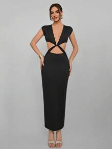Aloruh Women's Solid Color Deep V-Neck Hollow Waist Fitted Mid-Length Dress - Black - View 4