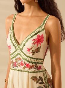 CAJUNI Women's Casual Summer Sleeveless Boho Tropical Floral Print Beige Wide Leg Jumpsuit