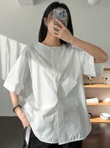 Dazy-Less Loose Solid Color Minimalist Short Sleeve Women Shirt Preppy Tops Business Casual Woman Work Clothes