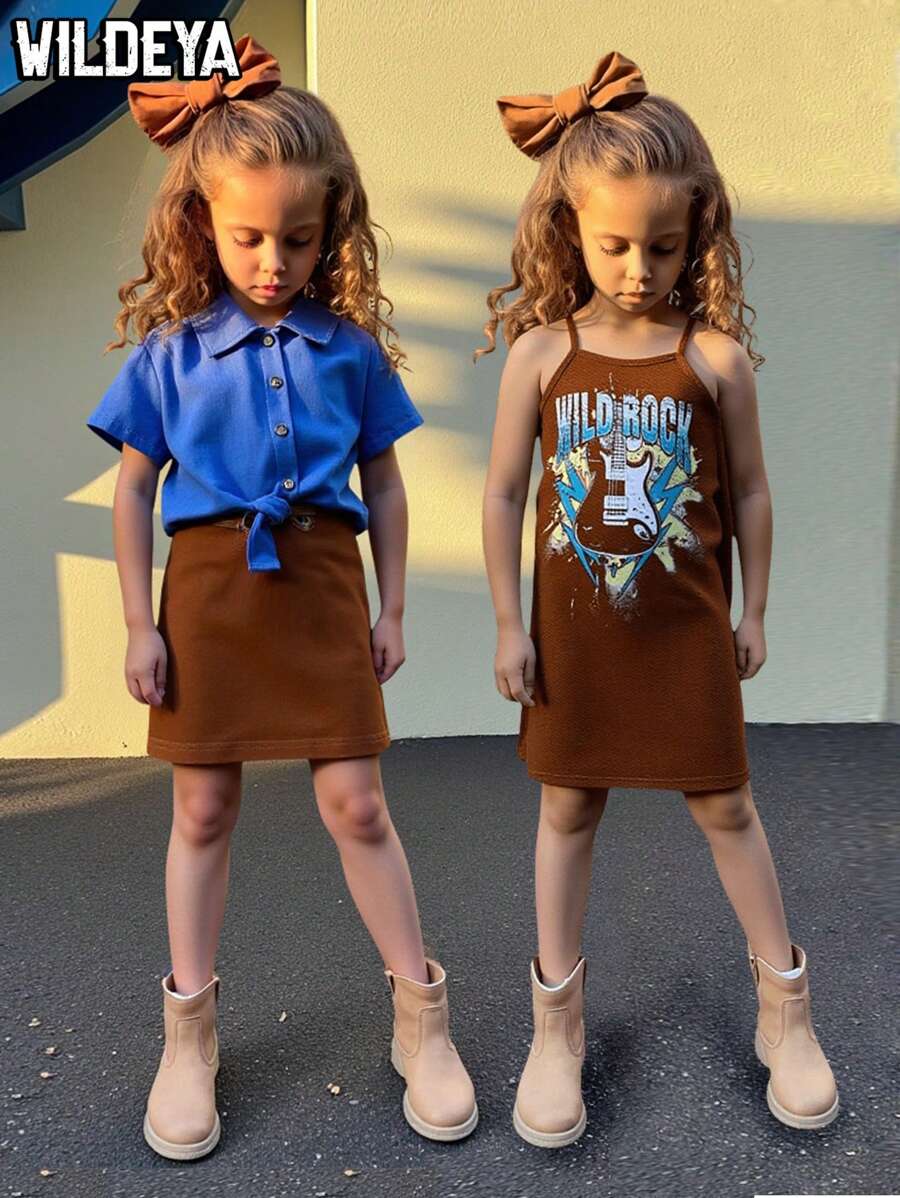 SHEIN 年轻女孩 2 件套春夏 Wildeya 新款，西式复古印花吊带连衣裙，前系带短款蓝色衬衫夹克，时尚休闲，适合户外活动和日常穿着 - 棕色 - 查看 1