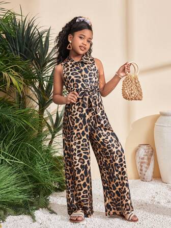 SHEIN Tuta intera per ragazza adolescente, con design in vita attorcigliato, stampa leopardata e collo alto, stile casual