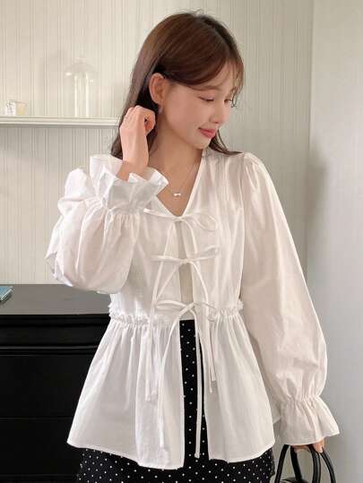 Women's Solid Color Frill Trim Front Tie Long Sleeve Top, Casual Daily Wear