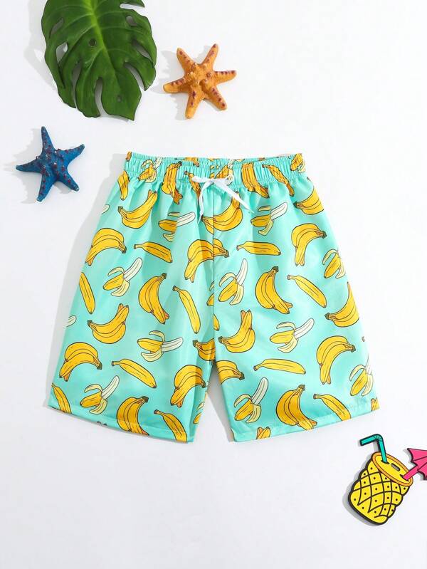 Tween Boys' Swim Trunks, Banana Pattern Print, Woven Fabric, Beach Shorts Kids Swimming ,Kids Beachwear