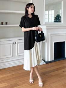 DAZY Đầm suông màu viền bất đối xứng cho nữ - Đen và trắng - Xem 5