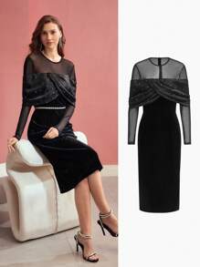 MOTF PREMIUM VELVET SHEER MESH PANEL CROSS WRAP RUCHED FAUX PEARL DETAIL SLIM FIT COCKTAIL DRESS,SPRING/SUMMER - Black - View 9