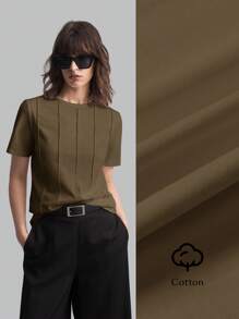 Ontre 2026SS New Solid Color Minimalist Daily Wear, Women's Round Neck Short Sleeve T-Shirt, Khaki Short Sleeve, Casual Loose T-Shirt, Suitable For Valentine's Day, Summer Clothing, Business Casual, Female Vacation Beach Birthday Party, Teacher Outfit, Basic Top Back To School - Brown - View 9