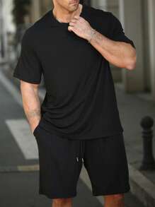 Manfinity Homme Plus Size Men's Solid Color Crew Neck Short Sleeve T-Shirt And Shorts 2 Pieces Set - Grey - View 1