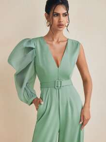 ODELIAR Designer Women Green Deep V Wide-Leg Organza Puffy Sleeve Elegant Spring Summer Jumpsuit Vacation Outfits, Spring Break, Ibiza Fits - Green - View 4
