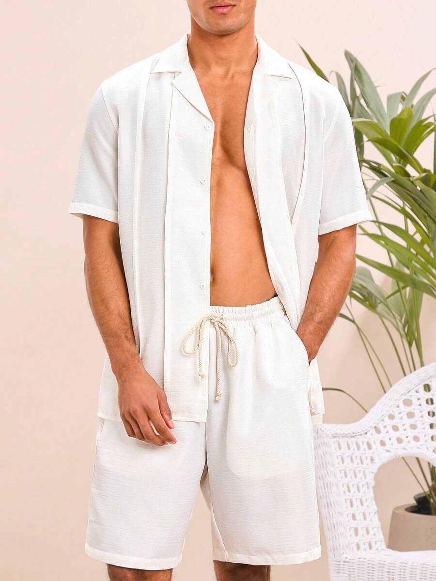 Manfinity VCAY 2pcs Men's Woven Fashion Casual Everyday Short Sleeve Shirt & Elastic Waist Straight Leg Shorts Set - White - View 1