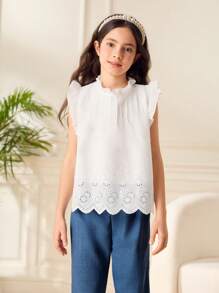 Set de 2 piezas de blusa con bordado y pantalones con dobladillo de volantes de unicolor para niñas preadolescentes