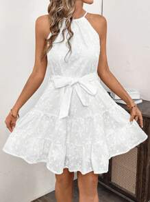 Gownix Elegant Solid Color Floral Embroidery Halter Dress,  Beach Outfits For Woman - White - View 7