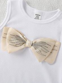 2pcs Baby Girl Summer New Design White Comfortable Vest With 3D Bow + Black Double-Layer Pleated Skirt Princess Skirt Outfit Set