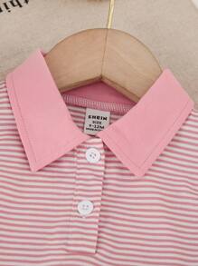 2 件套婴儿/女婴粉色和白色条纹休闲 Polo 领宽松短袖上衣和短裤套装，夏季 - 粉色 - 查看 6