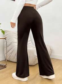 SHEIN PETITE CURVE Plus Size Solid Color High Waist Casual Pants, Wearable In All Seasons - Chocolate Brown - View 2