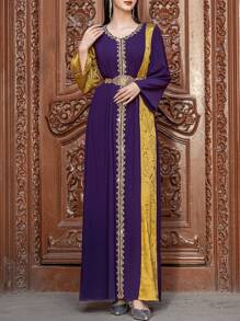 Layrah Multi-Colored Handmade Embellished Long Sleeve Arabian Dress, Modest Kaftan For Evening Party/Wedding Guest/Anniversary - Multicolor - View 7
