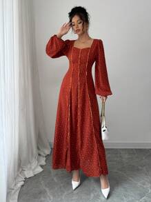 Mulvari Vestido largo de estilo árabe de manga larga y cuello en V simple para mujer