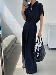 DAZY Women 2pcs/Set Single-Breasted Short Sleeve Blouse And Tie-Waist Wide Leg Pants
