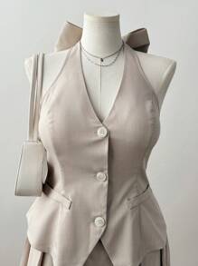 Sunspun Bộ váy mini xếp ly nơ dễ thương cỡ lớn và áo vest hai mảnh, phong cách công sở/trường học ngọt ngào dành cho nữ - Màu be - Xem 6