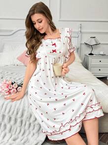 可爱樱桃印花拼布荷叶边下摆女式睡裙 - 白色 - 查看 1